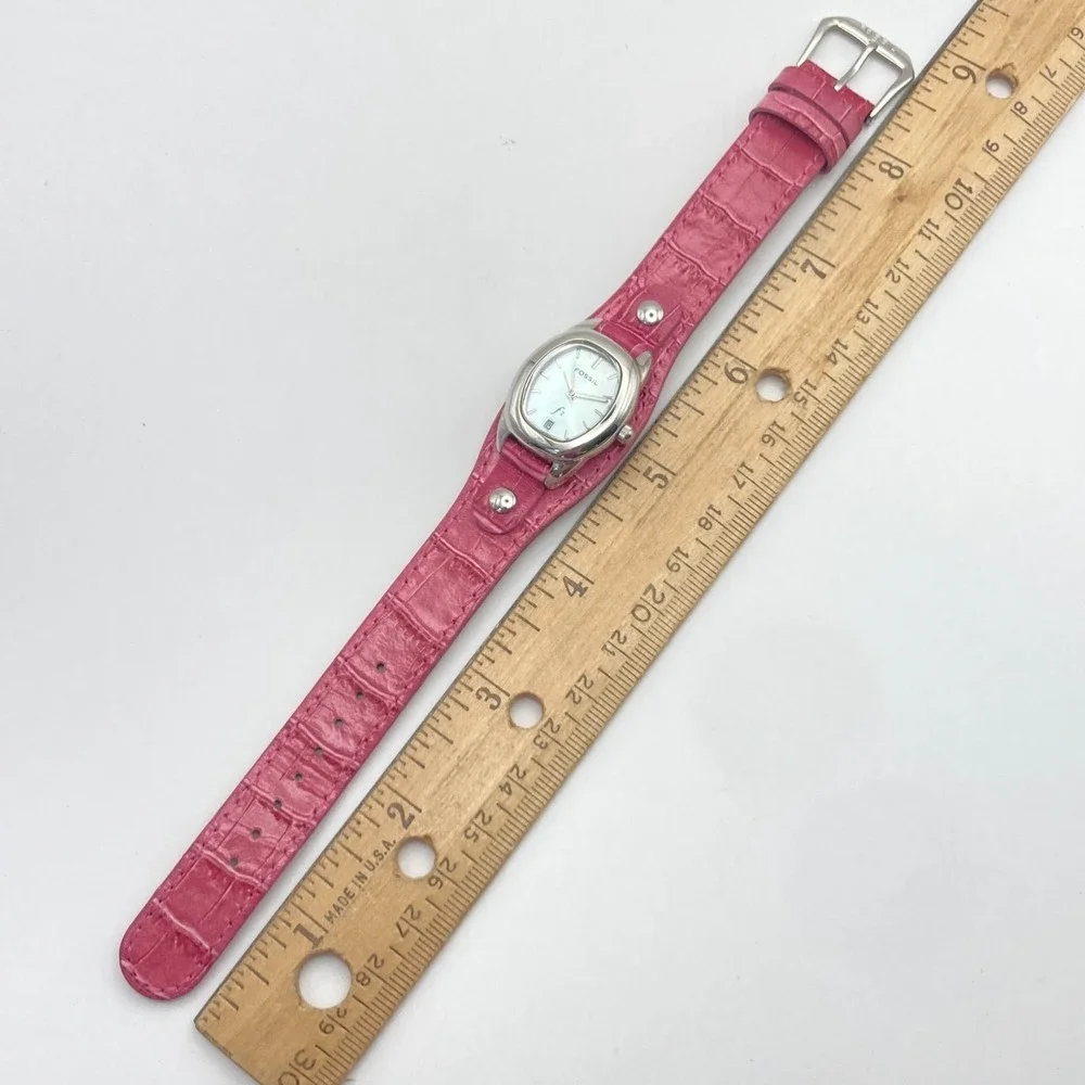 Fossil F2 Women's Watch 23mm Silver Tone Date Pink Leather Cuff MOP New Battery